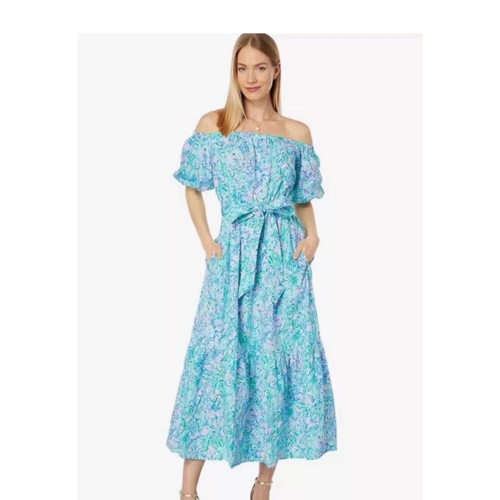 Lilly Pulitzer Aqua Floral Off-Shoulder Dress, used only once